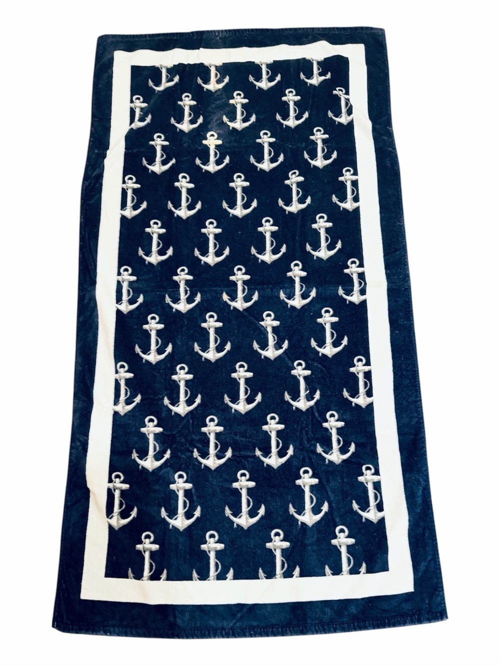 Pottery Barn Mini Anchor Beach Pool Towel Navy Blue White 32x64 Cotton